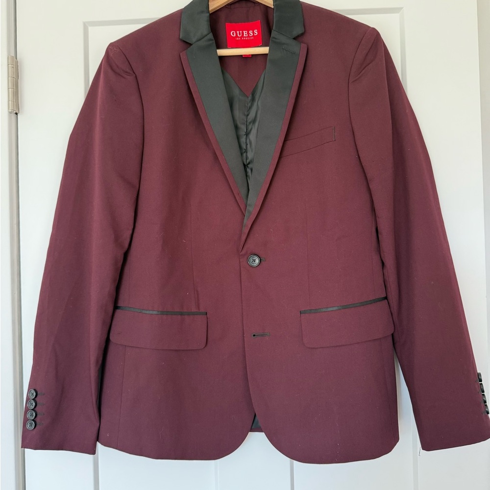 GUESS Men's Burgundy Blazer with Black Accents